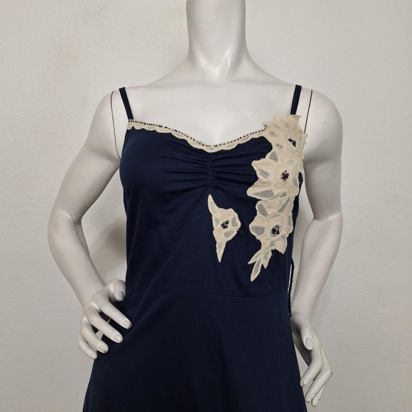 Odille Anthropologie Navy Blue Cream Rice Paper Garden Floral Midi Dress Size 2 - Picture 3 of 13